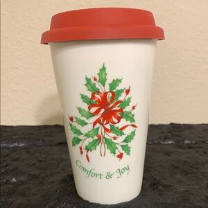 Lenox Holiday “Comfort & Joy” Thermal Travel Mug with Red Silicone Lid